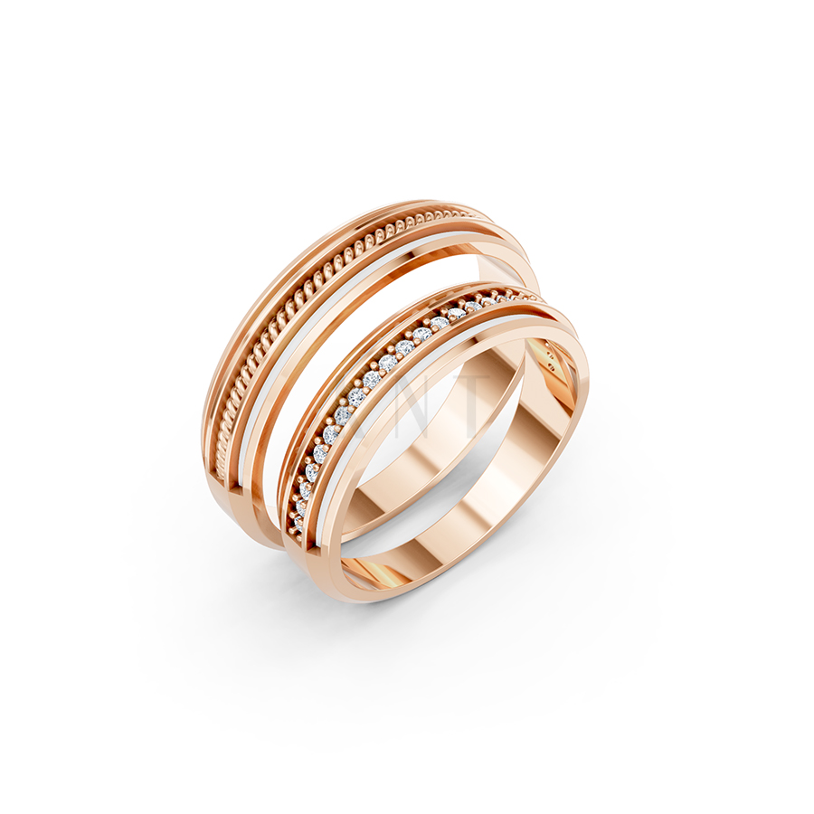 Nhẫn cưới E904: Thiết kế hiện đại, chế tác từ vàng kết hợp ceramic màu vàng hồng Rose Gold họa tiết ấn tượng, cá tính