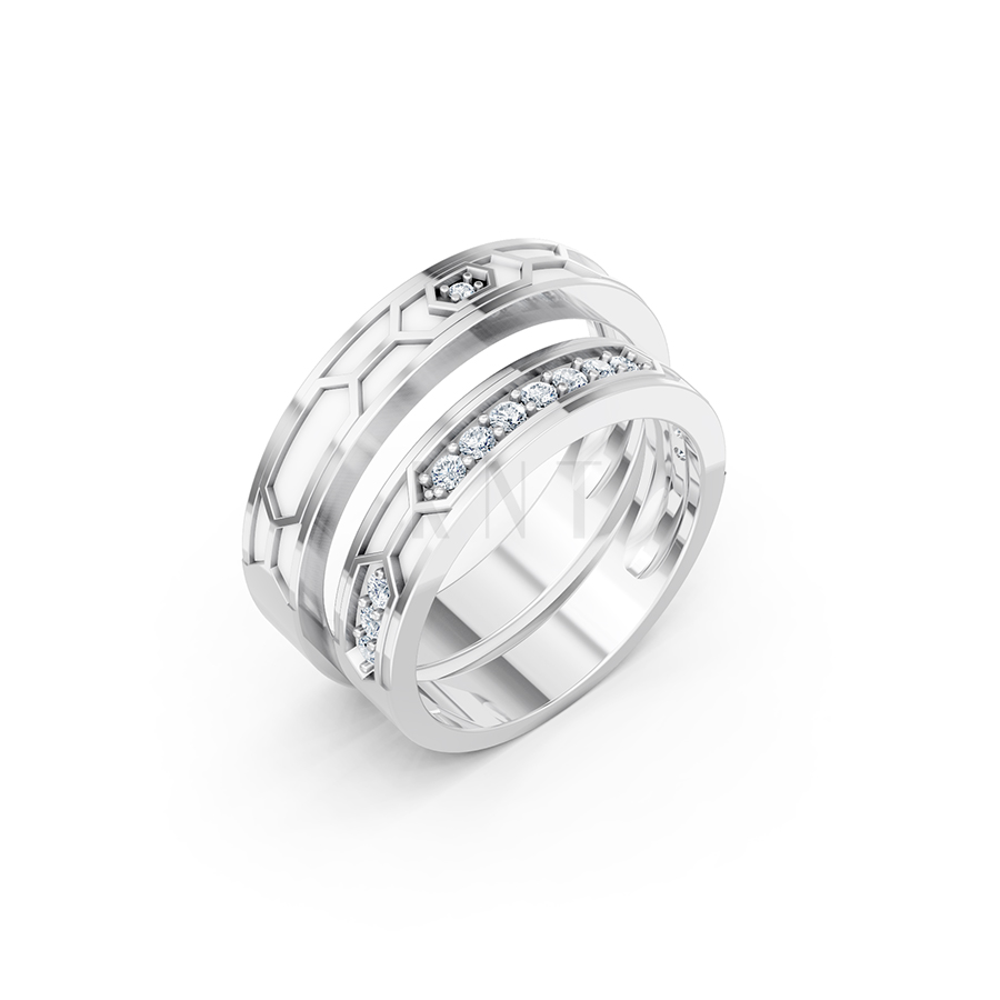 NHẪN CƯỚI COLLAB CERAMIC - E912 màu vàng trắng White Gold kiểu dáng hiện đại, nổi bật