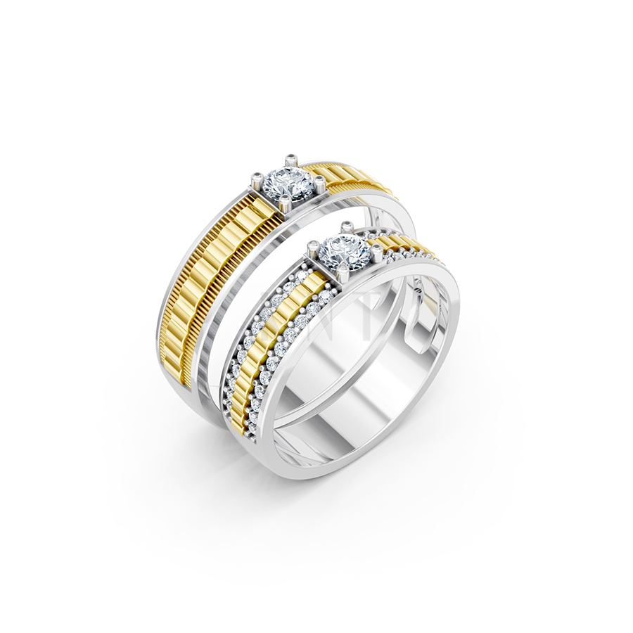 Nhẫn cưới E913 thiết kế hiện đại, đính đá chủ lấp lánh phối màu Dual Color họa tiết ấn tượng, cá tính