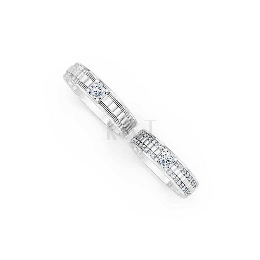 Nhẫn cưới E913 thiết kế hiện đại, đính đá chủ lấp lánh màu vàng trắng White Gold vàng sáng, đường nét sắc sảo, tinh tế