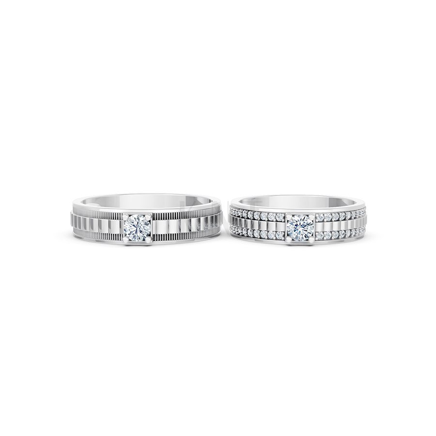Nhẫn cưới E913 thiết kế hiện đại, đính đá chủ lấp lánh màu vàng trắng White Gold vàng sáng bóng, thiết kế trẻ trung