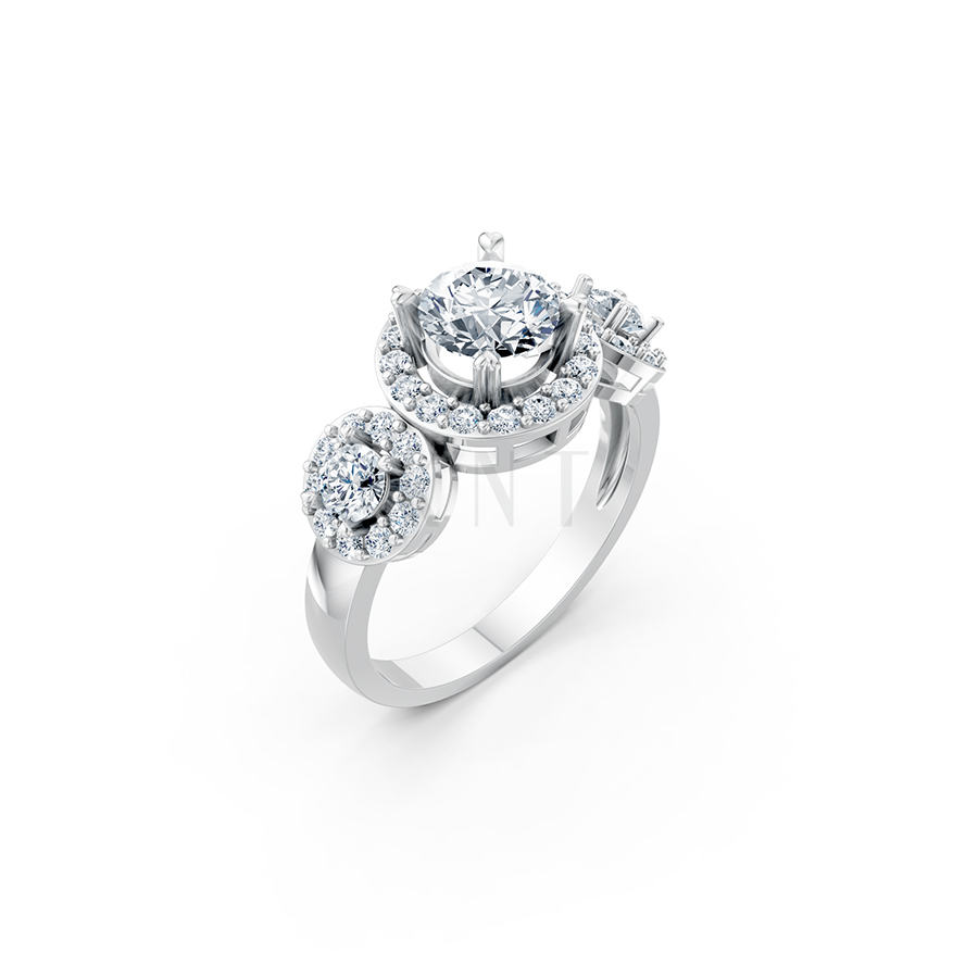Nhẫn đính hôn R213 đính ba viên đá chủ đính tấm lấp lánh màu vàng trắng White Gold kiểu dáng hiện đại, nổi bật