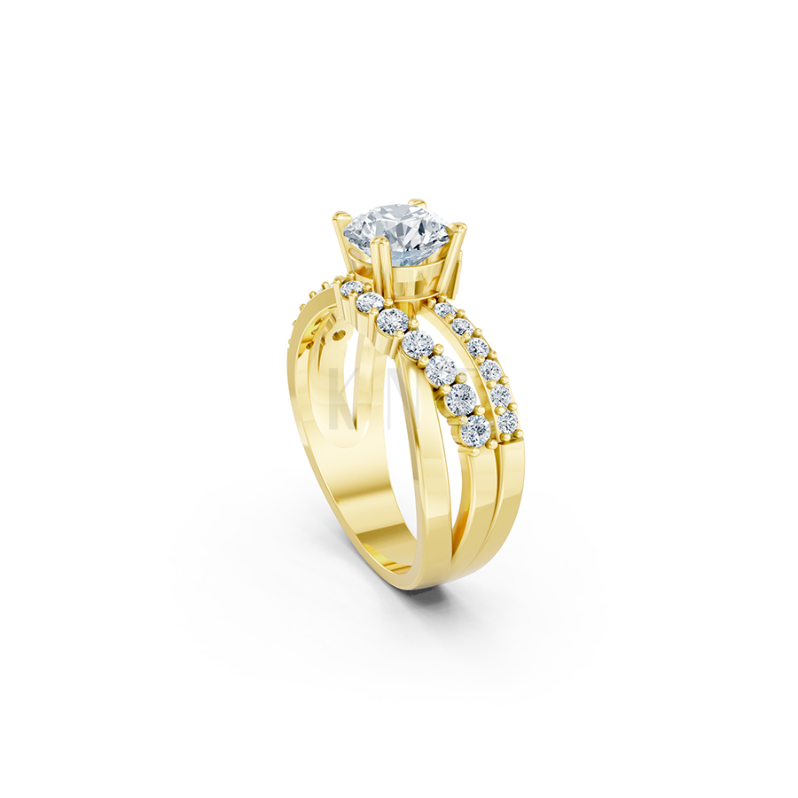 Nhẫn đính hôn R214 thiết kế hai dải uốn lượn đính đá nổi bật màu Vàng Gold mặt nhẫn chạm khắc tinh xảo, độc đáo