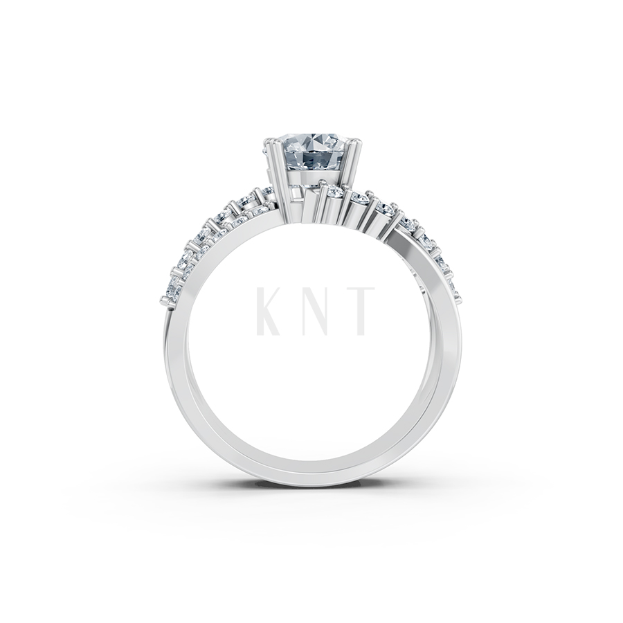 Nhẫn đính hôn R214 thiết kế hai dải uốn lượn đính đá nổi bật màu vàng trắng White Gold kiểu dáng cá tính, hiện đại