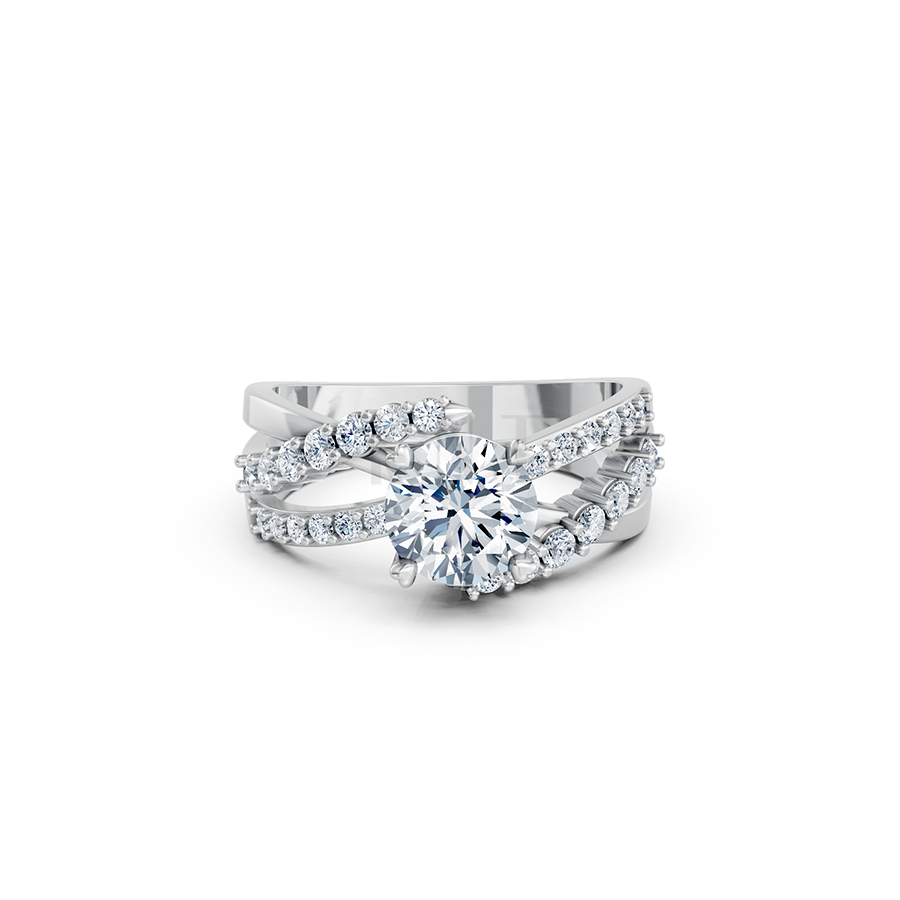 Nhẫn đính hôn R214 thiết kế hai dải uốn lượn đính đá nổi bật màu vàng trắng White Gold vàng sáng bóng, thiết kế trẻ trung