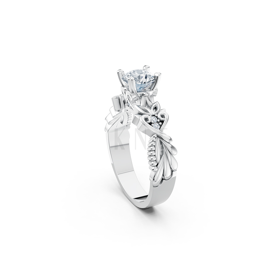 Nhẫn đính hôn R220 thiết kế hoa lá tinh xảo nổi bật nữ tính màu vàng trắng White Gold vàng sáng, đường nét sắc sảo, tinh tế
