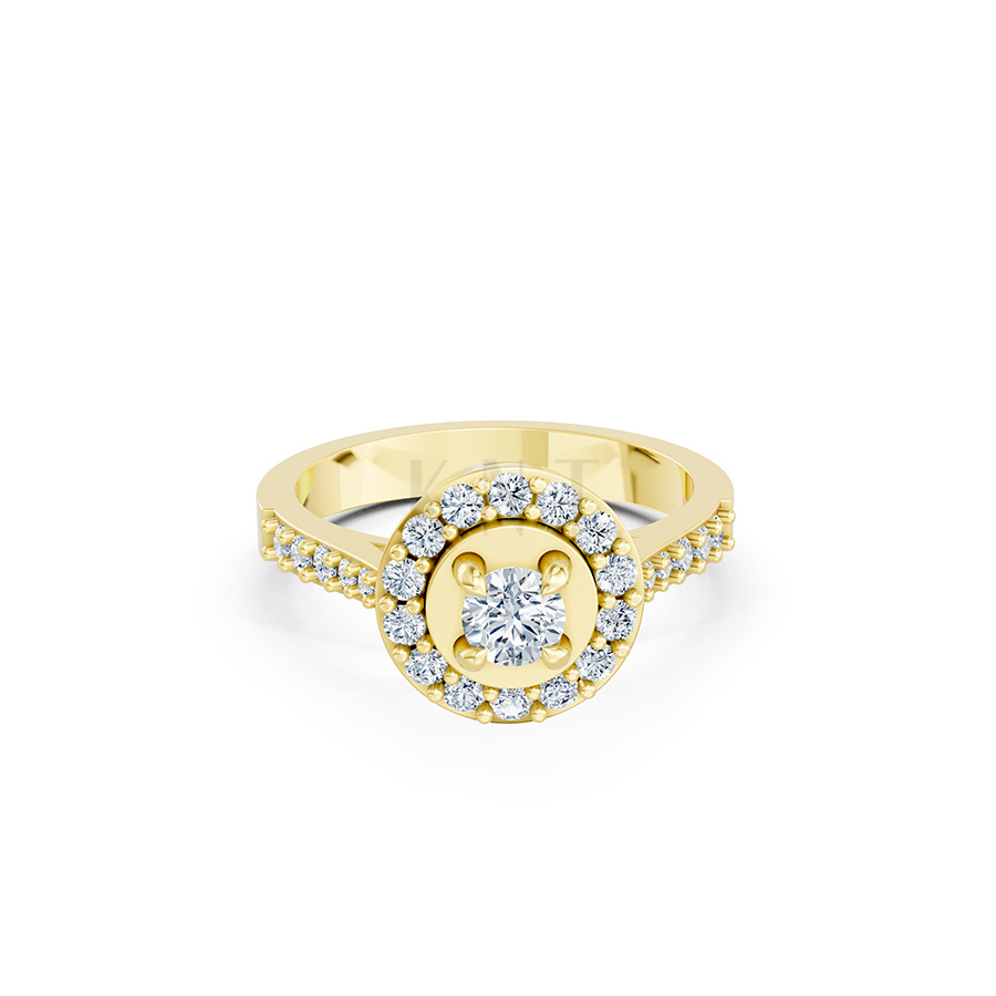 Nhẫn đính hôn đá US R227 ổ tròn hai tầng đá rực rỡ màu Vàng Gold mặt nhẫn chạm khắc tinh xảo, độc đáo