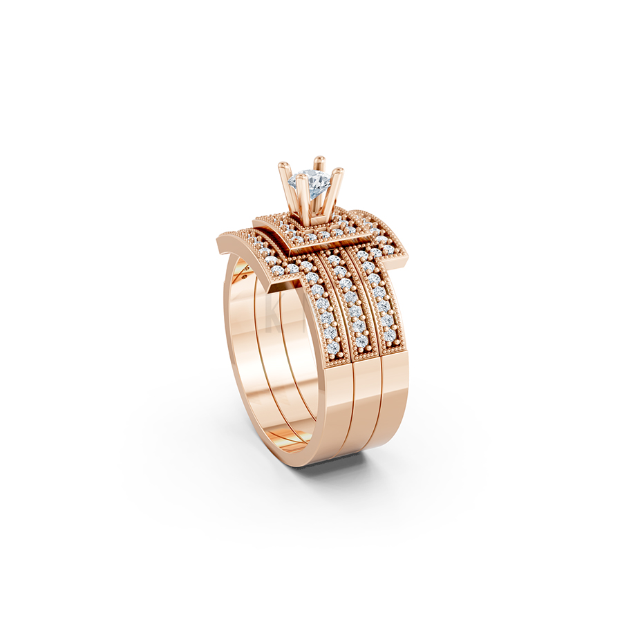 NHẪN ĐÍNH HÔN ĐÁ US - R242 - TINH XẢO, PHONG CÁCH màu vàng hồng Rose Gold thiết kế đối xứng, phong cách, ấn tượng