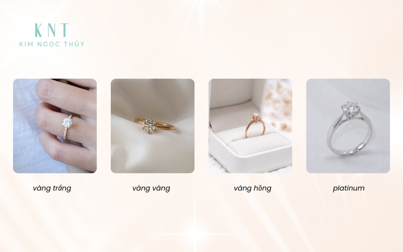 Cùng thiết kế Solitaire, nhưng khác biệt chất liệu tạo nên vẻ đẹp và phong cách riêng: vàng trắng – vàng vàng – vàng hồng – platinum