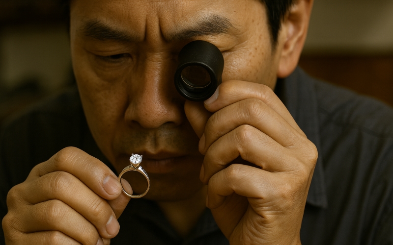 Nghệ nhân kiểm tra vỏ nhẫn kim cương một cách tỉ mỉ