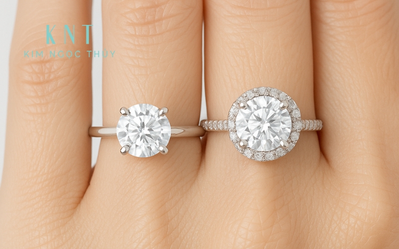 Dù cùng kích thước 5,4mm, nhưng vỏ Halo (bên phải) giúp nhẫn trông lớn và nổi bật hơn