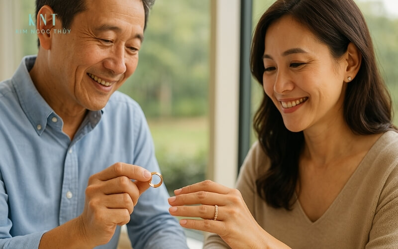 Khoảnh khắc cặp đôi trao nhẫn kỷ niệm cho nhau, nụ cười hạnh phúc