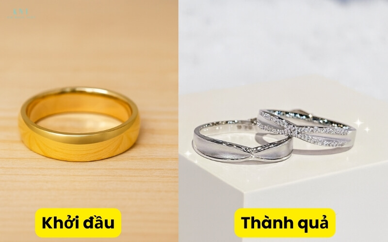 Nhẫn cưới vàng "Khởi đầu" và cặp nhẫn cưới kim cương "Thành quả"
