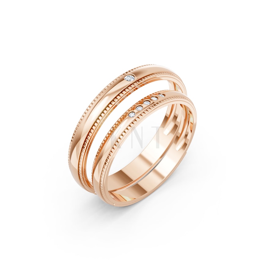 Nhẫn cưới kim cương H110 vàng hồng Rose Gold họa tiết ấn tượng, cá tính