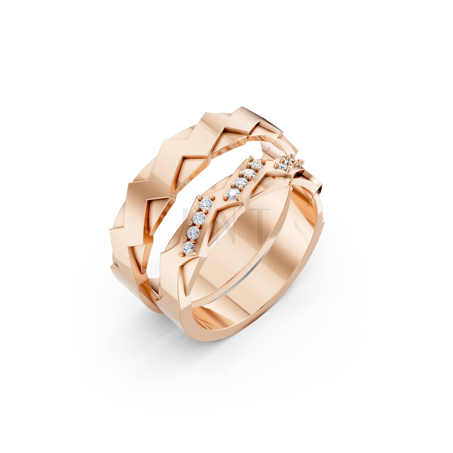 Nhẫn cưới K13 vàng hồng Rose Gold họa tiết ấn tượng, cá tính