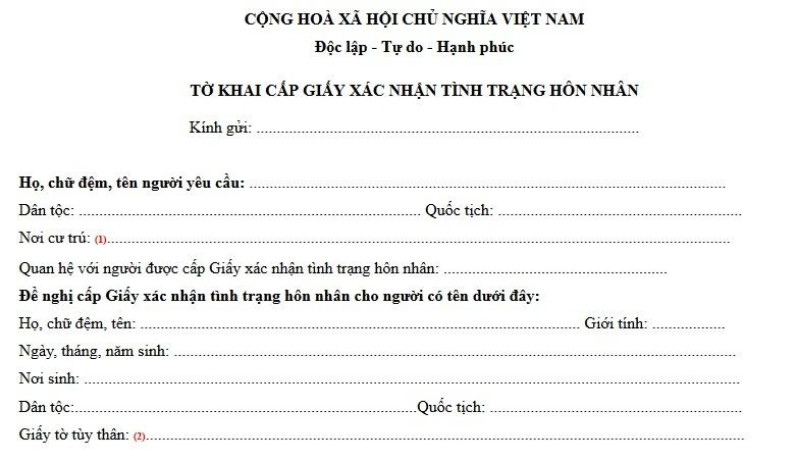 Mẫu tham khảo của tờ khai cấp giấy xác nhận tình trạng hôn nhân