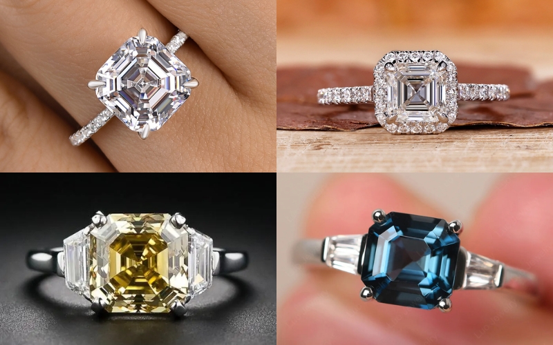 Kim cương Asscher với các thiết kế vỏ nhẫn khác nhau