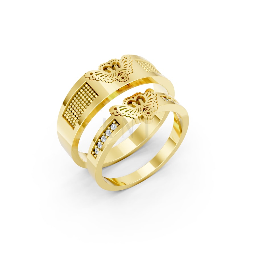 Nhẫn cưới E885 vàng 10K/14K/18K/607 hoạ tiết chim uyên ương