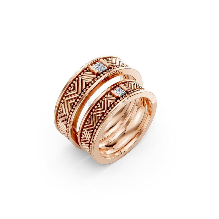 Nhẫn cưới F202 vàng hồng Rose Gold họa tiết ấn tượng, cá tính