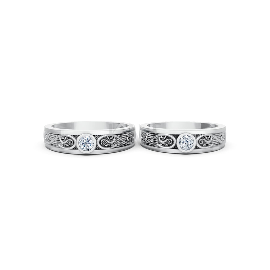 Nhẫn cưới hoa văn F32 vàng trắng White Gold vàng sáng, đường nét sắc sảo, tinh tế