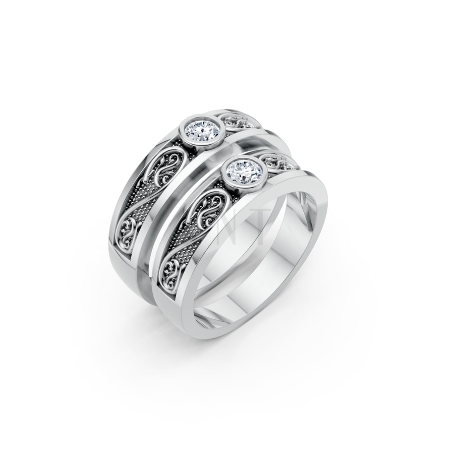 Nhẫn cưới hoa văn F32 vàng trắng White Gold kiểu dáng hiện đại, nổi bật