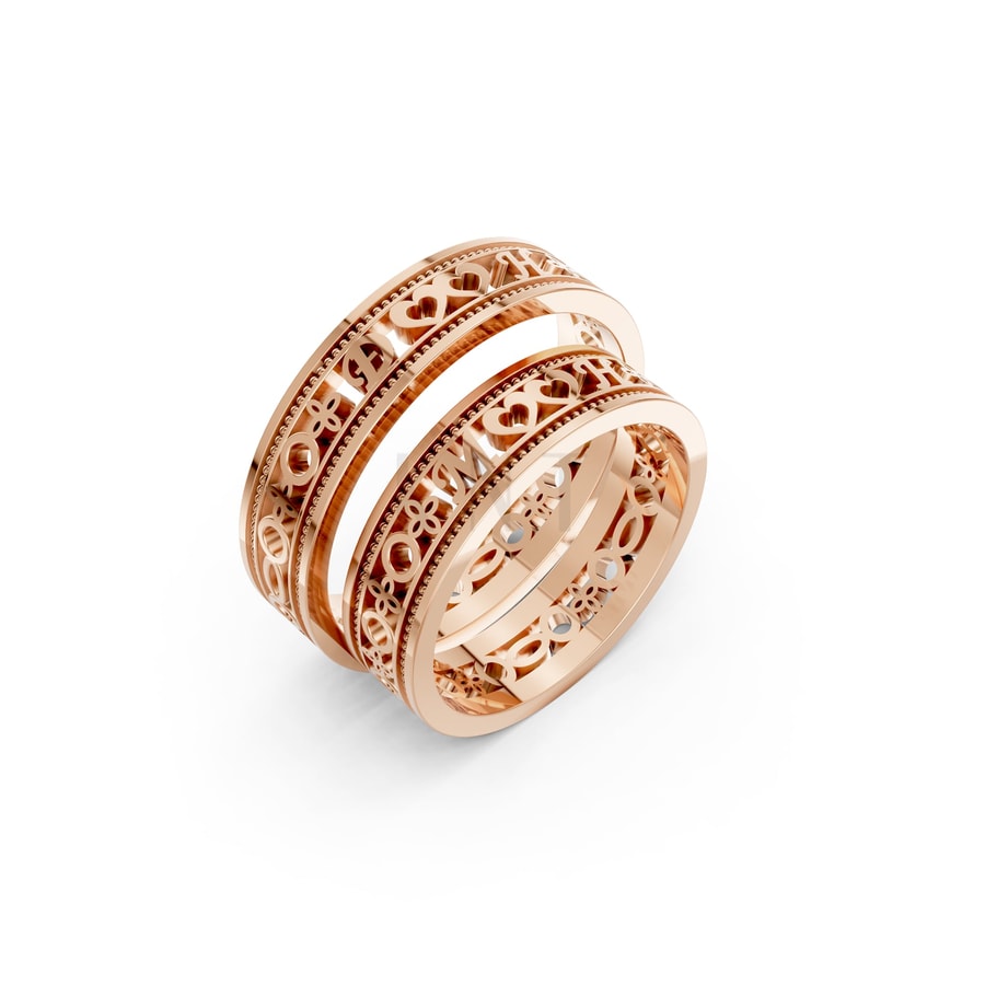 Nhẫn cưới thiết kế theo tên F20 vàng hồng Rose Gold họa tiết ấn tượng, cá tính